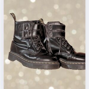 Dr. Martens Black Combat Moto Boots with Glossy Finish